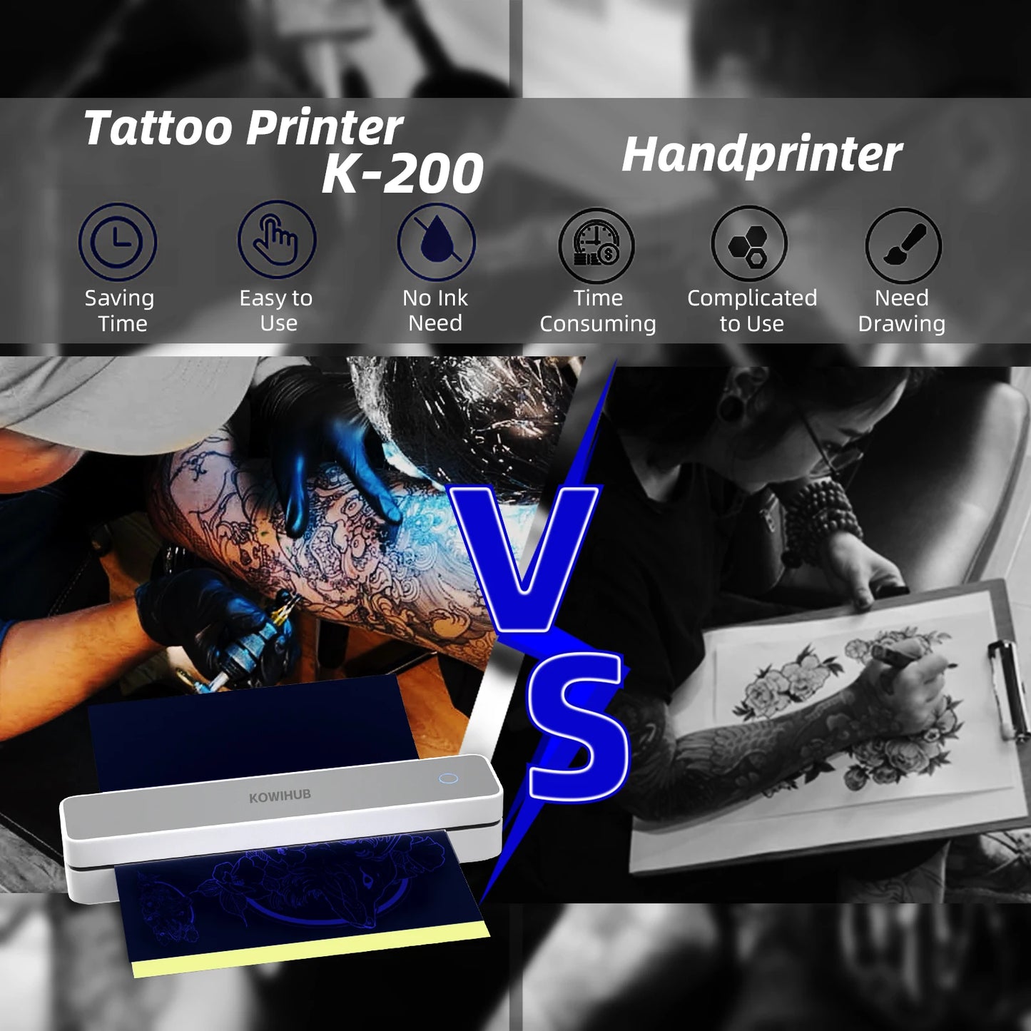 K200 Wireless Tattoo Transfer Printer Bluetooth Thermal Mobile With 10pcs Tattoo Transfer Paper Printer Portable Higher Clarity - Uknowucme