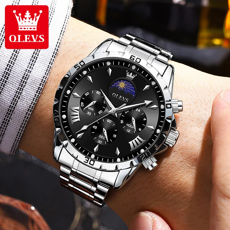 OLEVS 2949 Original Men's Watches Exclusive Design Chronograph Moon Phase Waterproof Leather strap Trend Male Wristwatches - Uknowucme