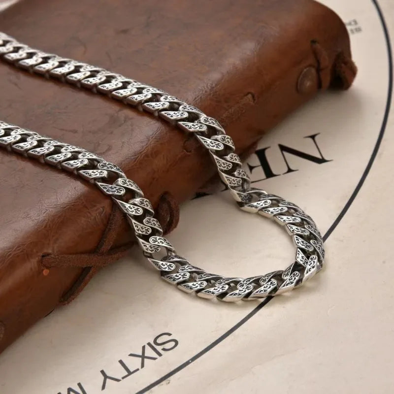 BOCAI New S925 Sterling Silver Vintage Personalized Punk Trendy Cuban Chain Vine Grass Pattern Necklace Men - Uknowucme