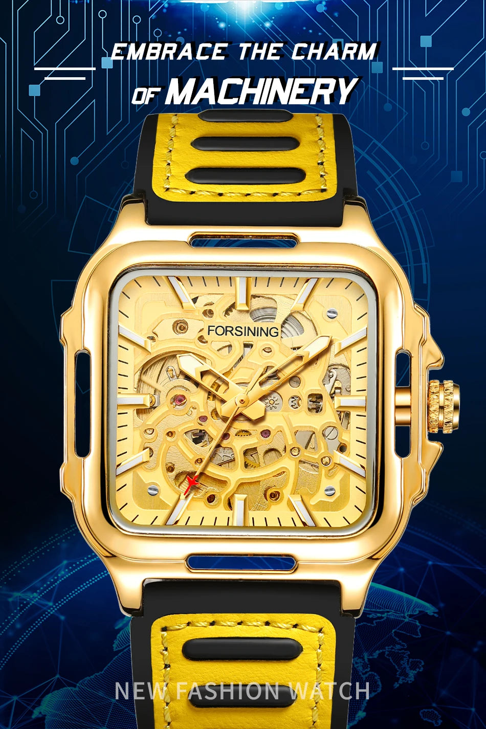 FORSINING Original Square Skeleton Mechanical Man Wristwatches Automatic Movement Field Sports Waterproof Silicone Replica Watch - Uknowucme