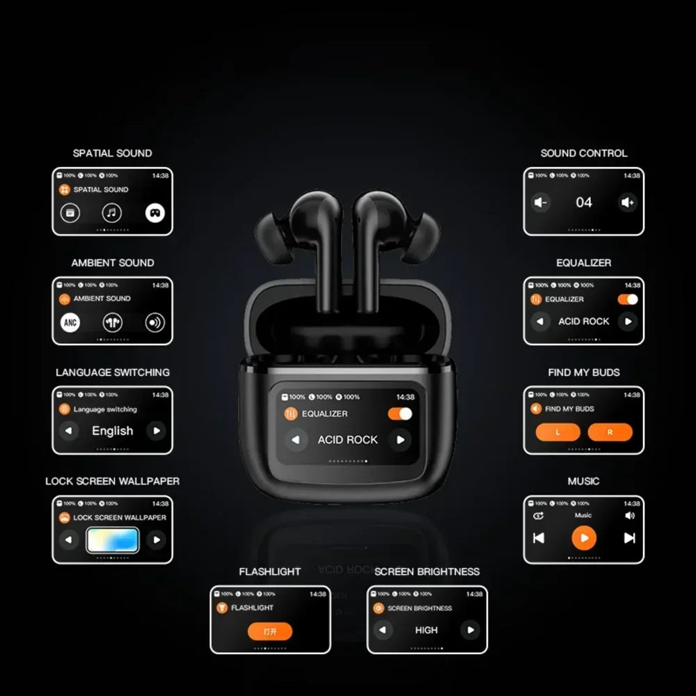 ANC Active Noise Cancellation 13 Functions Bluetooth 5.3 Wireless Headphones with LED Touchscreen TWS Android/iOS Latest Models - Uknowucme