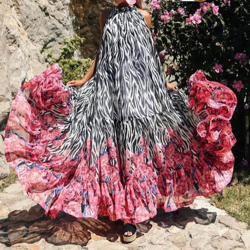 Sexy Summer Party Dress Women Fashion Bow Straps High Waist Pleated Beach Dress Chiffon Casual Floral Print Bohemian Long Dress - Uknowucme