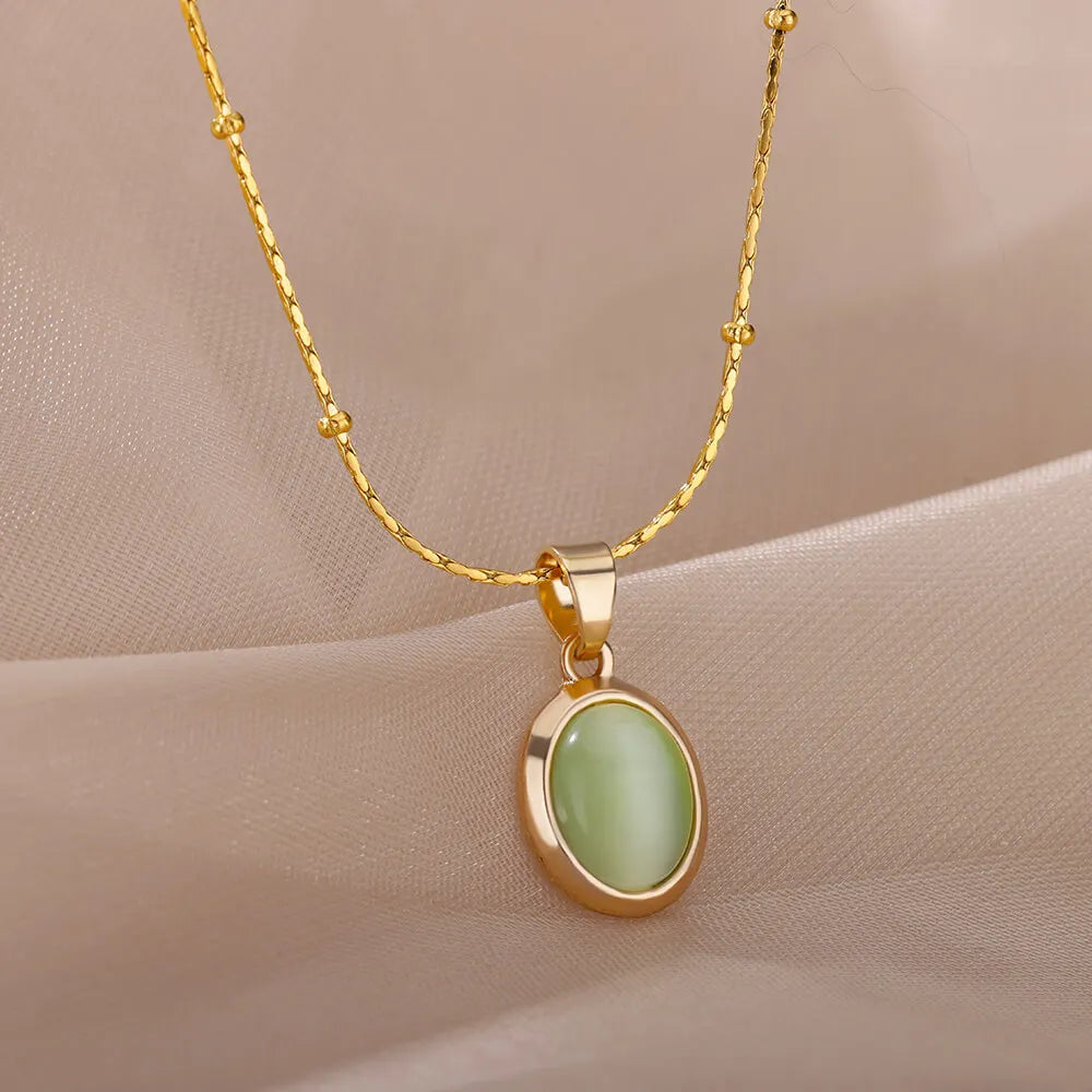 Kpop Stainless Steel Necklace for Women Transparent Moonlight Stone Ellipse Pendant Thin Chain Vintage Jewelry Gift New In - Uknowucme