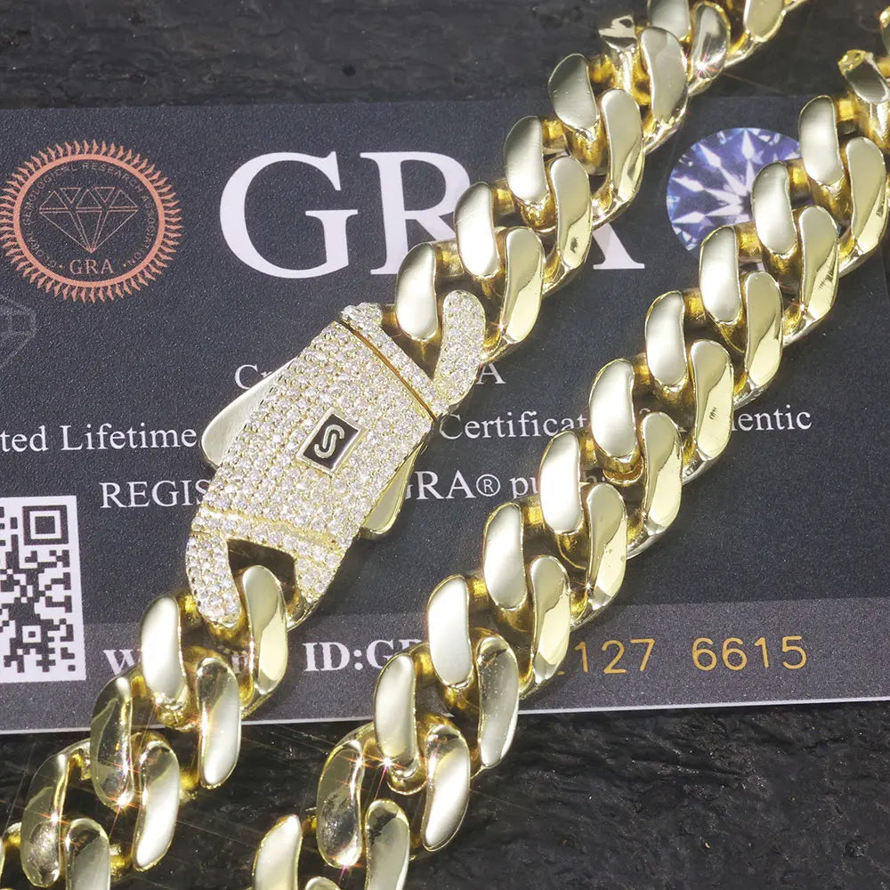High Quality 14K Plated Monaco Chain 925 Silver Cuban Link Necklace Iced Out VVS Moissanite Clasp Smooth Cuban Chain Jewelry - Uknowucme