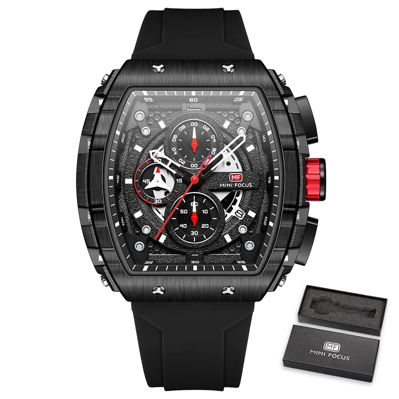 MINI FOCUS Chronograph Quartz Watch for Men Tonneau Dial Military Sport Wristwatch with Orange Silicone Strap Auto Date 0399 - Uknowucme