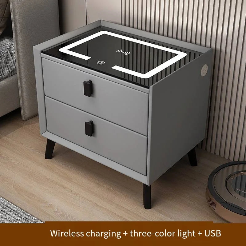 Luxurious Solid Wood Nightstand Three-Drawer Smart Bedside Table Compact Bedroom Leather Accents Integrated Wireless Charging