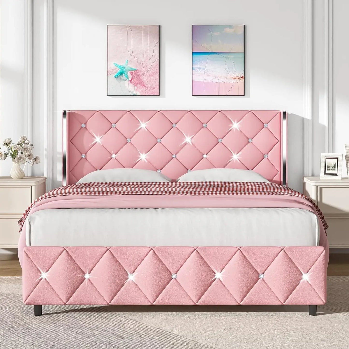 King Size Bed Frame, Velvet Upholstered Platform Bed King Size with Diamond Tufted Headboard and Footboard, Wooden Slats Support - Uknowucme