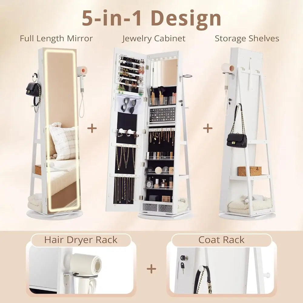 IRONCK LED Mirror Jewelry Cabinet Standing,360° Swivel Lockable Jewelry Armoire with Full Length Mirror and Adjustable LED Light