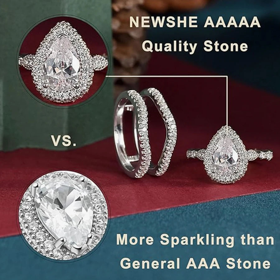 Newshe 2 Pieces 925 Sterling Silver Engagement Ring Enhancer Wedding Band for Women Pear Cut AAAAA Zircon Jewelry Size 4-13 - Uknowucme