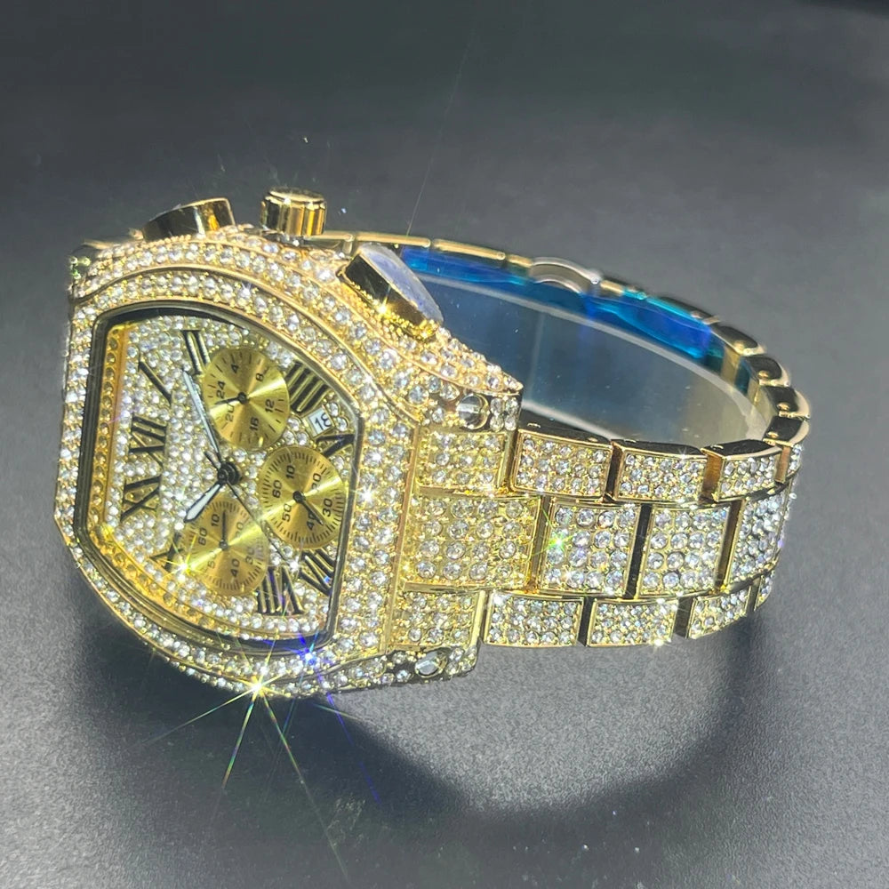 Luxury Men Watch Personalized Bling Diamond Quartz Timepiece Fashion Ice Out Tonneau Big Face Male Chronograph Wristwatch Gift - Uknowucme