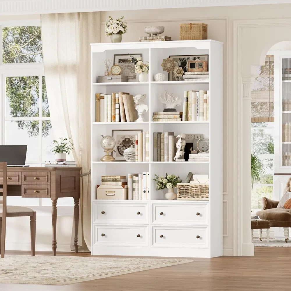 71" Tall Bookshelf with 4 Drawers, 6-Tier Double Wide Bookshelves and Bookcases with Storage, White Bookshelf Large Op