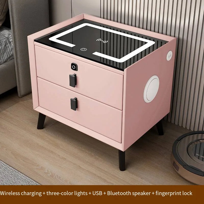 Luxurious Solid Wood Nightstand Three-Drawer Smart Bedside Table Compact Bedroom Leather Accents Integrated Wireless Charging
