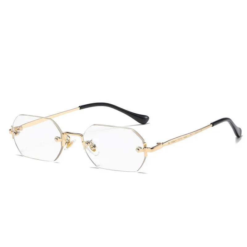 Rimless Rectangle Sunglasses Small Men Glasses Women Metal Gold Polygon Blue Shades 2024 UV400 Frameless - Uknowucme
