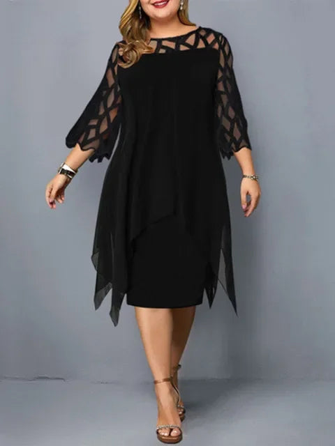 Sleeve Hollow Out Solid Sexy Women'S Clothing Evening Dresses 2023 Elegant Midi Party Dress For Chubby Women Xxl O Neck Lace - Uknowucme