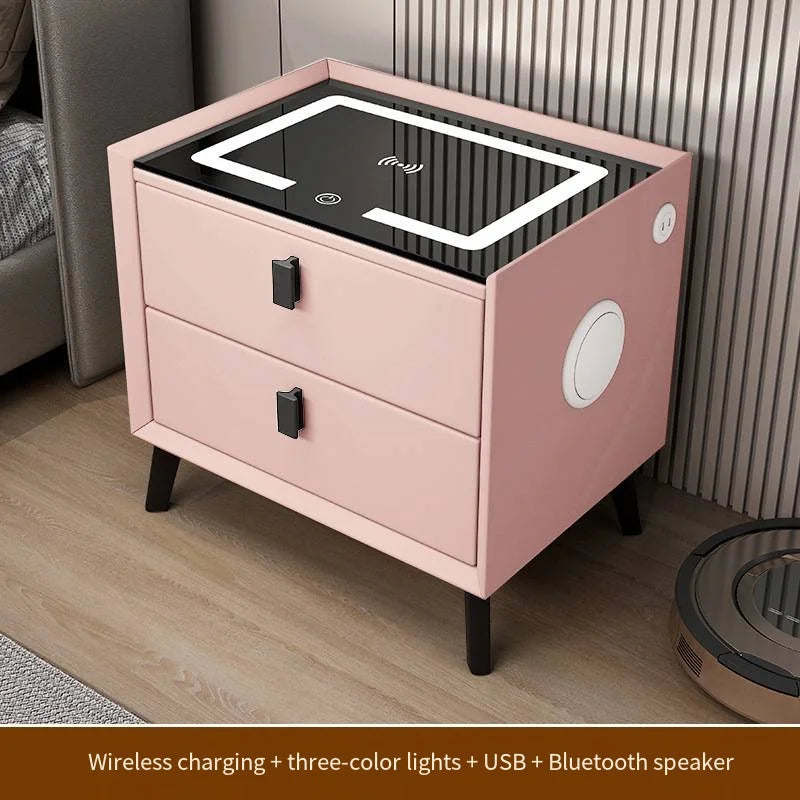 Luxurious Solid Wood Nightstand Three-Drawer Smart Bedside Table Compact Bedroom Leather Accents Integrated Wireless Charging