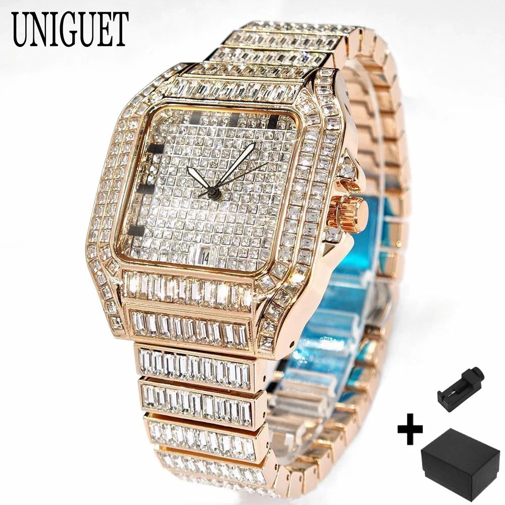 Hot Luxury Square Diamond Watch for Men Hip Hop Style Bling Bling Iced Out Wristwatch Fashion Stainless Steel Waterproof Clock - Uknowucme