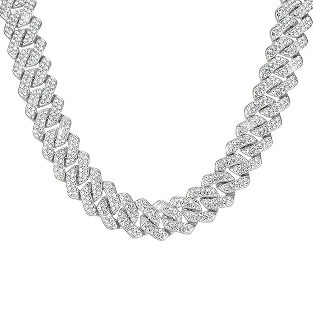Hip Hop Shiny 15MM Cuban Link Chain Necklace Women Men Silver Color Rhinestone Iced Out Cuban Chain Punk Jewelry Necklace Gift - Uknowucme