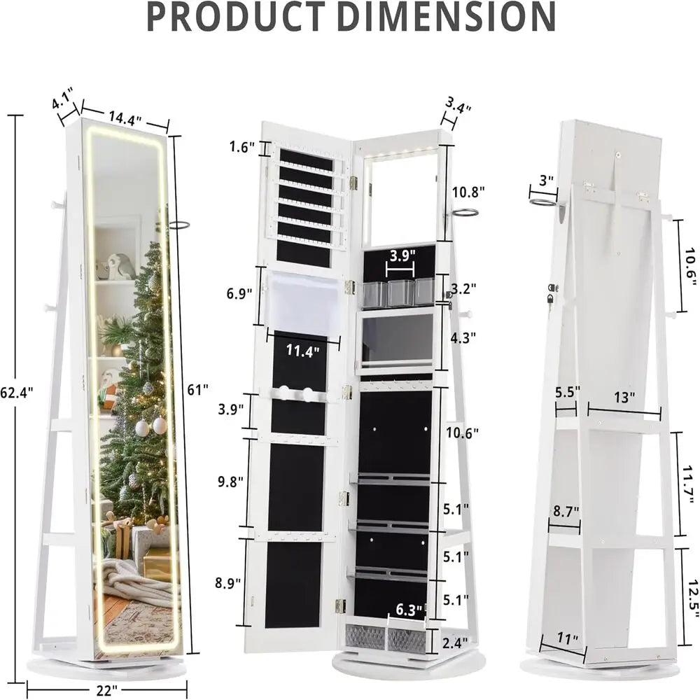 IRONCK LED Mirror Jewelry Cabinet Standing,360° Swivel Lockable Jewelry Armoire with Full Length Mirror and Adjustable LED Light