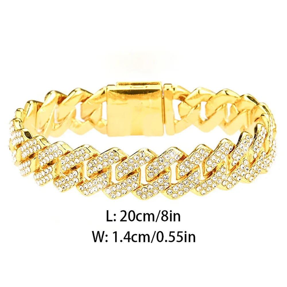 Hip Hop Shiny 15MM Cuban Link Chain Necklace Women Men Silver Color Rhinestone Iced Out Cuban Chain Punk Jewelry Necklace Gift - Uknowucme