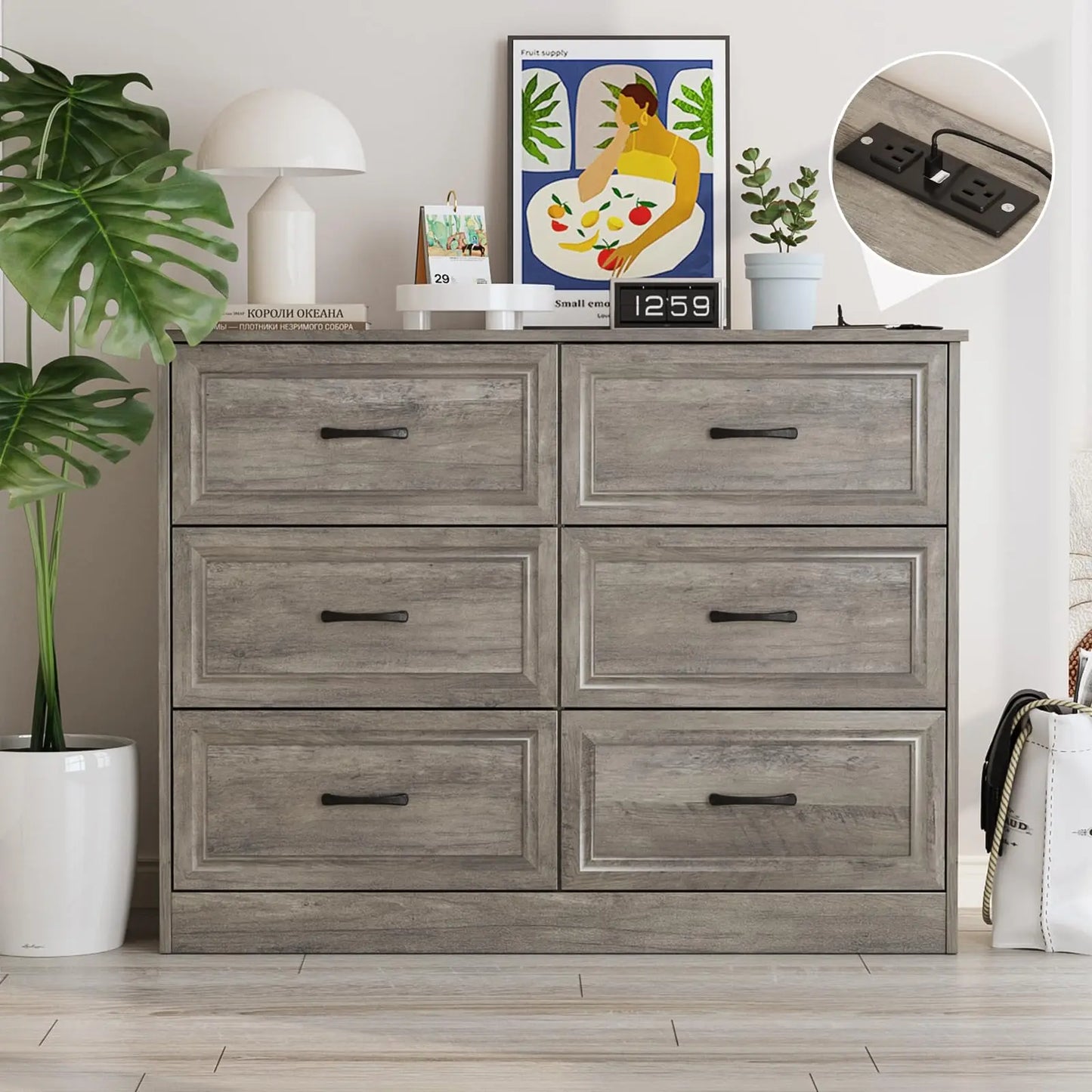 Vabches 6 Drawer Dresser for Bedroom Wood Chest of Drawers with Power Strip Tall Dresser Organizer with Metal Handle for Hallway - Uknowucme