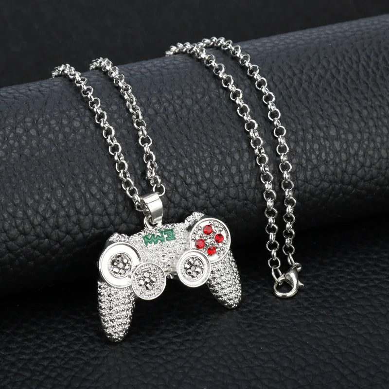 Hip-Hop Jewelry Game Console Handle Necklace Pendant Gold Color Chain Rhinestone Necklace Charms for Children Boys Gifts - Uknowucme