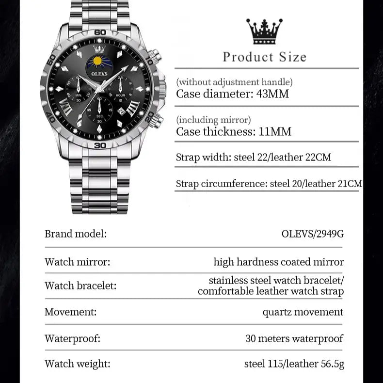 OLEVS 2949 Original Men's Watches Exclusive Design Chronograph Moon Phase Waterproof Leather strap Trend Male Wristwatches - Uknowucme