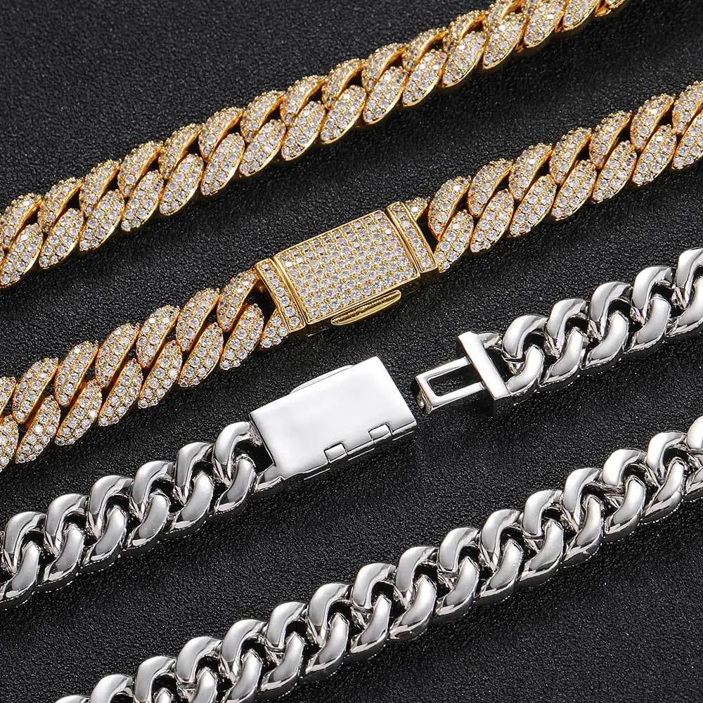 HOYON 10mm Lab Created Zircon Cuban Chain Men's Silver Gold Plated Necklace Zircon Bracelet Hip Hop Rock Neck Collar Jewelry - Uknowucme