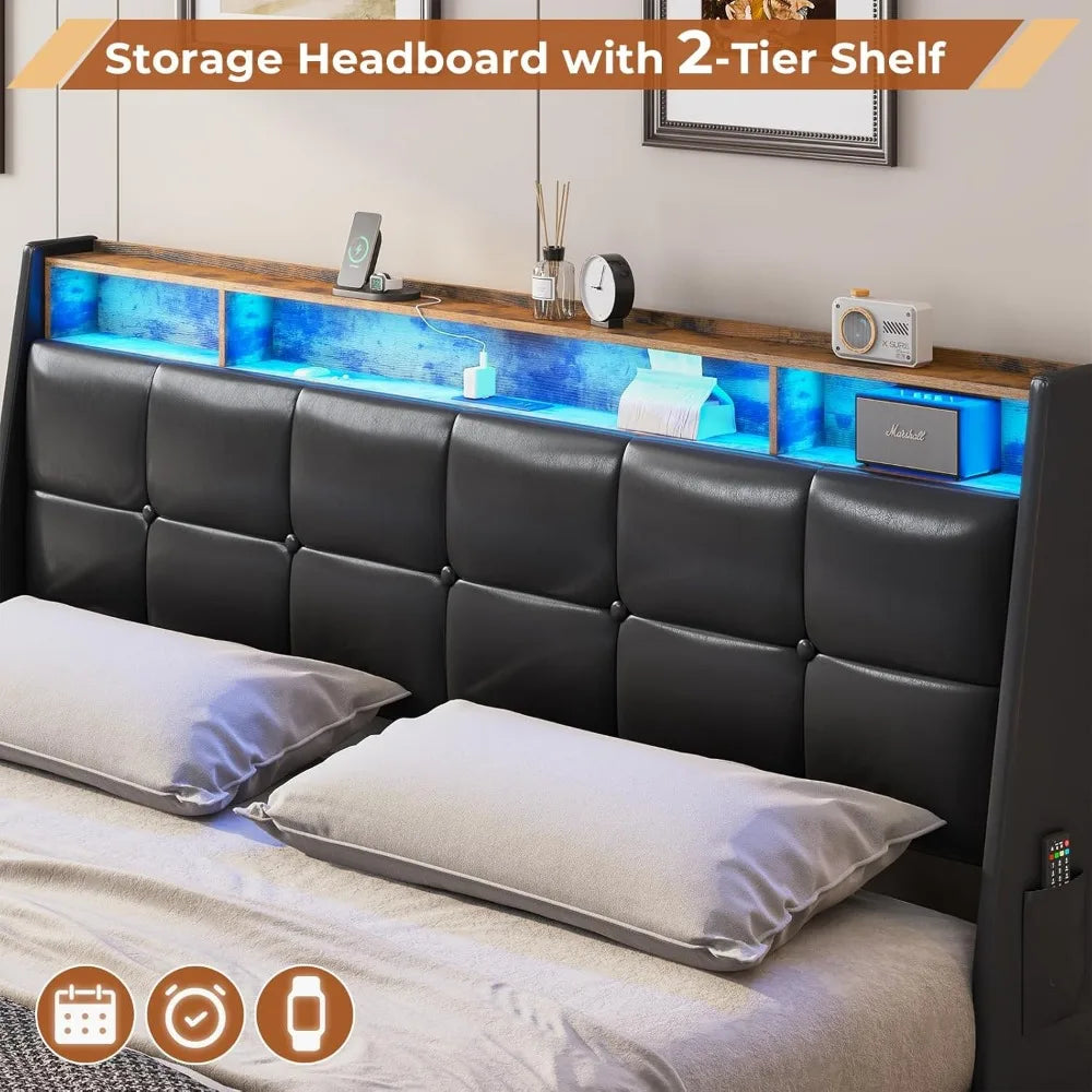 King Size Bed Frame w 4 Storage Drawers,Charging Station and LED Lights,Upholstered Bed Frame w Button Tufted Wingback Headboard - Uknowucme
