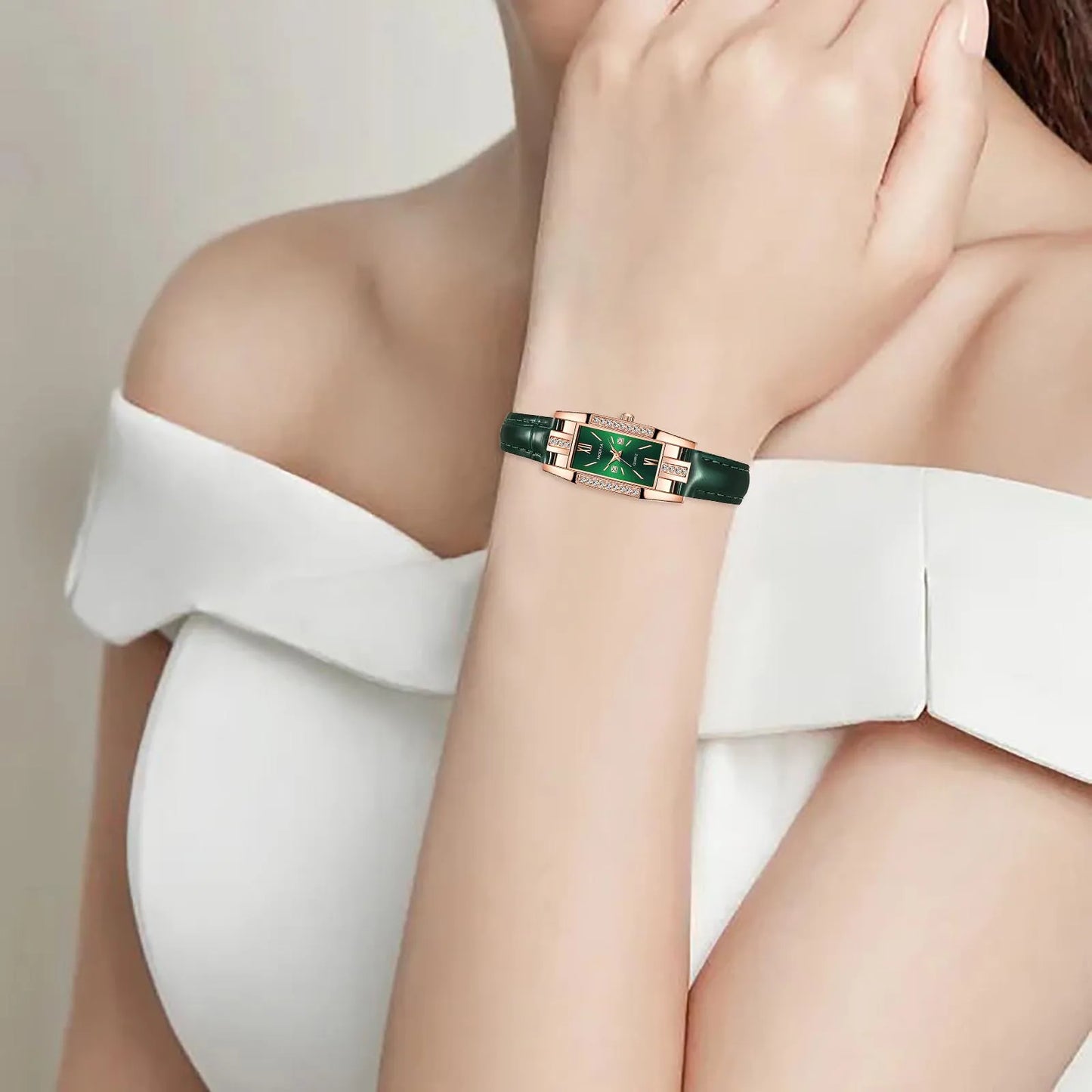 Womens Watches Fashion Square Ladies Quartz Watch Bracelet Set Green Dial Simple Leather Luxury Women Watches - Uknowucme