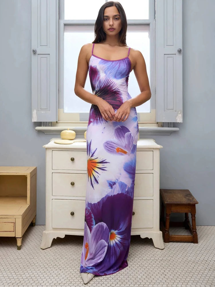 Tossy Contrast Spaghetti Slim Maxi Dress Female Printed Off-Shoulder Fashion Holiday Beach Dress Patchwork Summer Party Dress - Uknowucme