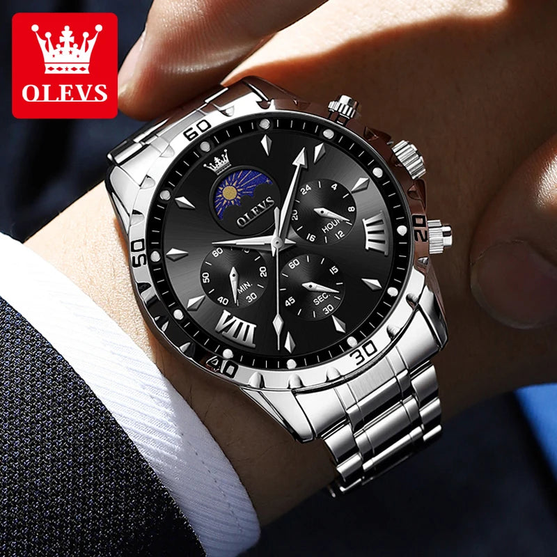 OLEVS 2949 Original Men's Watches Exclusive Design Chronograph Moon Phase Waterproof Leather strap Trend Male Wristwatches - Uknowucme