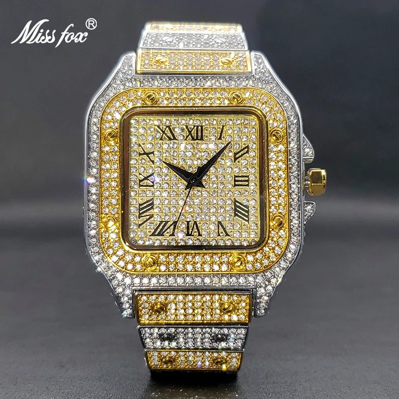 Ice Out Gold Watch For Men MISSFOX Street Style Hip Hop Waterproof Watches For Male Couple Wristwatches Jewelry Accessories - Uknowucme