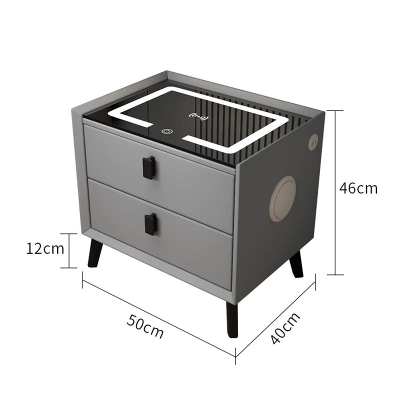 Luxurious Solid Wood Nightstand Three-Drawer Smart Bedside Table Compact Bedroom Leather Accents Integrated Wireless Charging