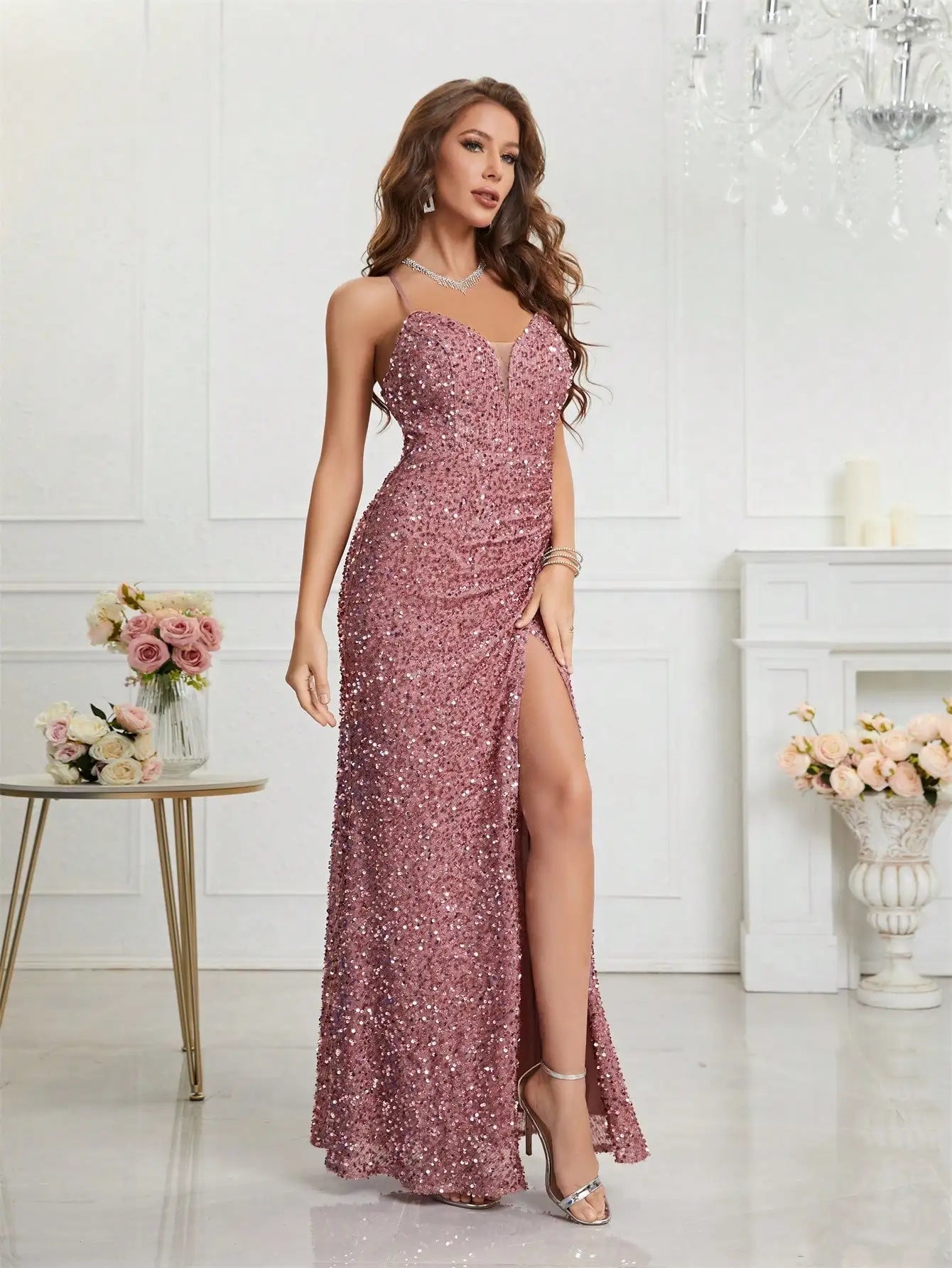 Unithorse Split Thigh Sequin Cami Women Dress - Uknowucme