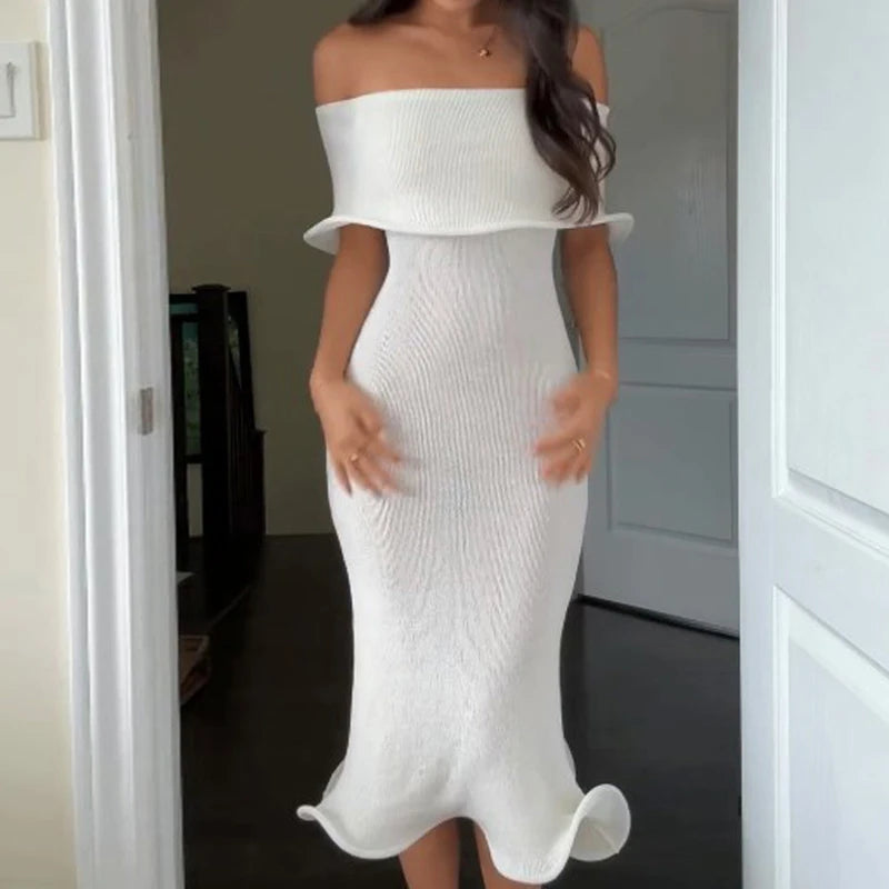 Sexy Solid Lotus Edge Midi Dress Elegant Princess One Shoulder Slim Party Dress 2024 Women Shawl Sleeve Bodycon Tube Tops Dress - Uknowucme