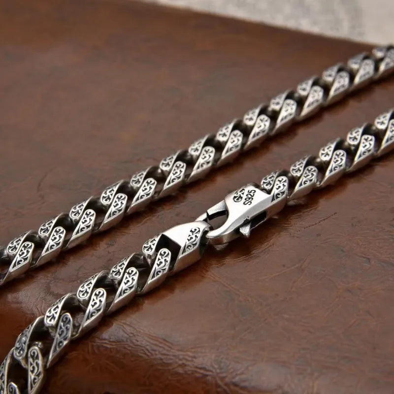 BOCAI New S925 Sterling Silver Vintage Personalized Punk Trendy Cuban Chain Vine Grass Pattern Necklace Men - Uknowucme