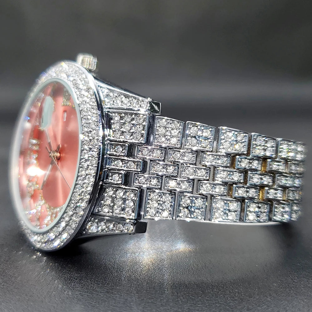 Pink Watches For Women Fashion Elegant Colored Red Green Roman Dial Iced Out Wristwatches Diamond Quartz Calendar Watch For Lady - Uknowucme