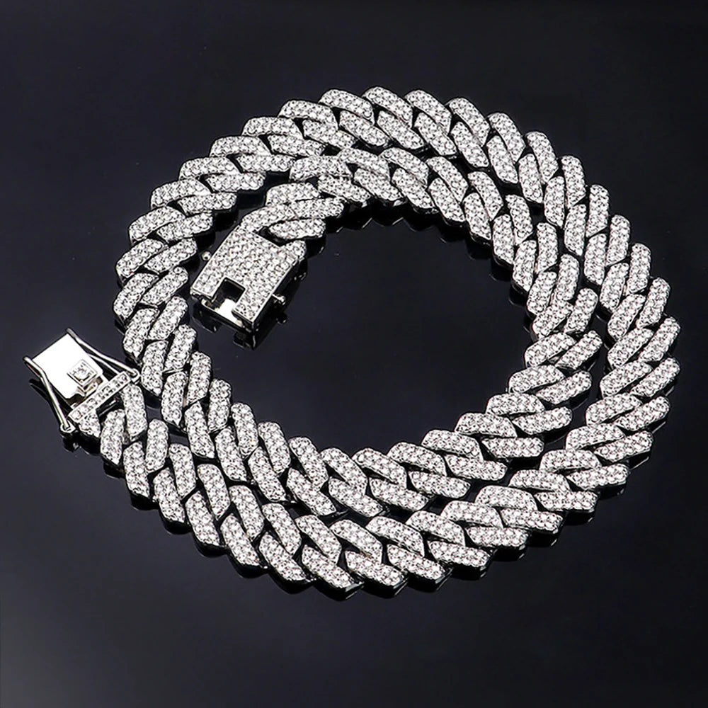 Hip Hop Shiny 15MM Cuban Link Chain Necklace Women Men Silver Color Rhinestone Iced Out Cuban Chain Punk Jewelry Necklace Gift - Uknowucme