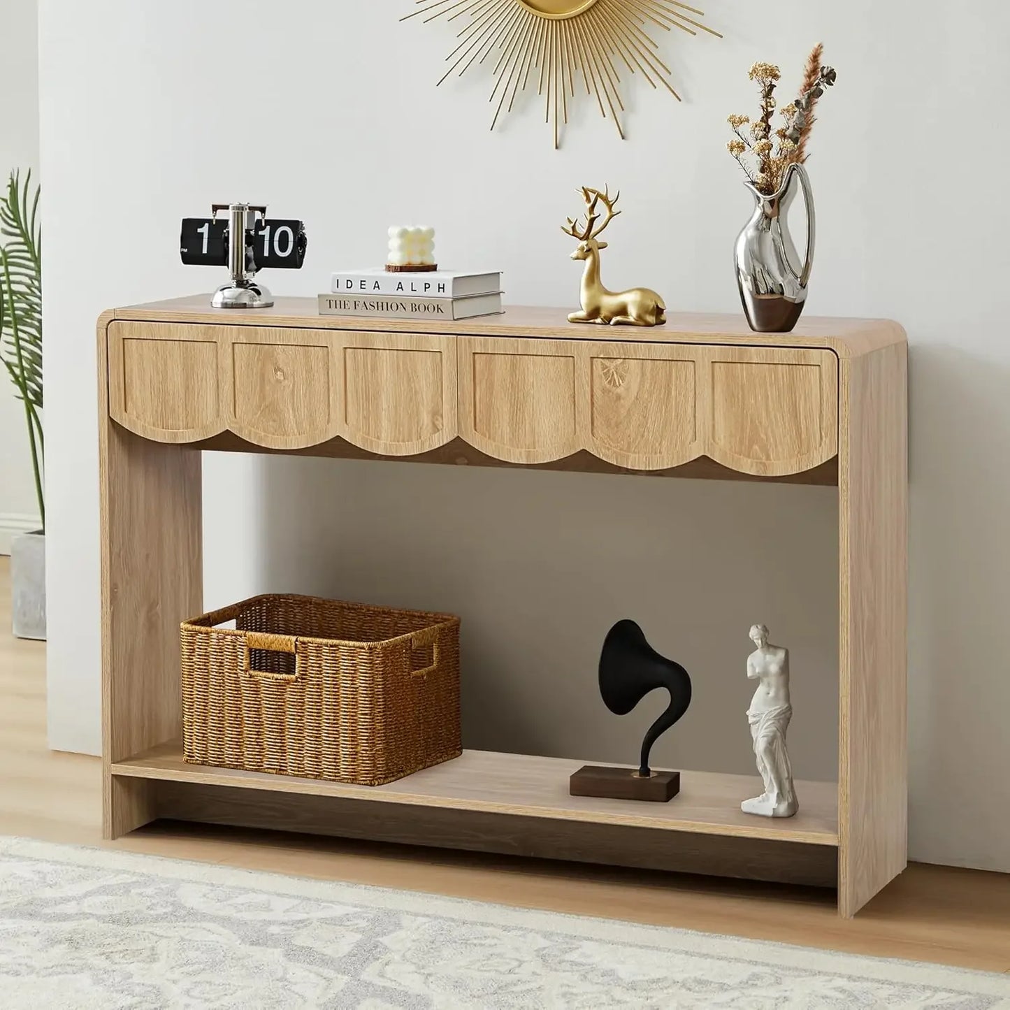 Console Table with Drawers, Mid-Century 43 Inches Narrow Entryway Tables with Open Storage Shelves, Hallway Accent Tables