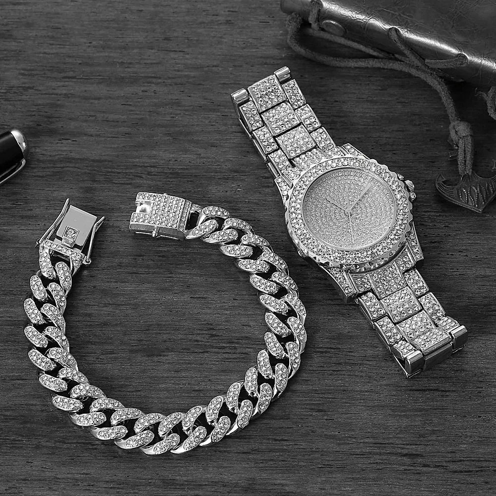 Watch + Bracelet for Women Cuban Chain Charm Iced Out Clock for Men Diamond Fashion Luxury Gold Wristwatch Jewelry Set Relojes - Uknowucme