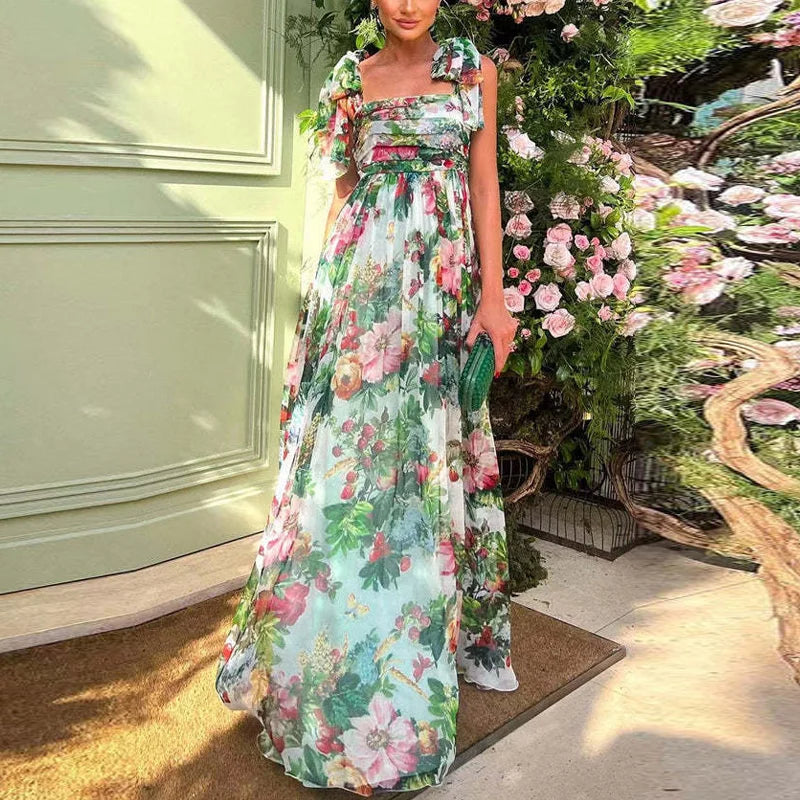 Sexy Summer Party Dress Women Fashion Bow Straps High Waist Pleated Beach Dress Chiffon Casual Floral Print Bohemian Long Dress - Uknowucme