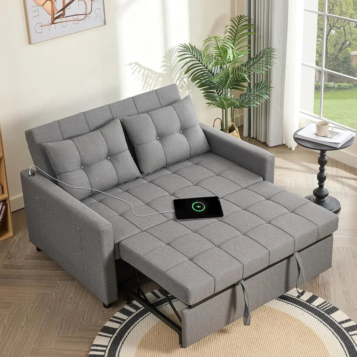 52" Sleeper Sofa with Pull-Out Bed, 3-in-1 Convertible Sofa Bed, Loveseat with Stepless Adjustable Backrest and Side Pocket - Uknowucme
