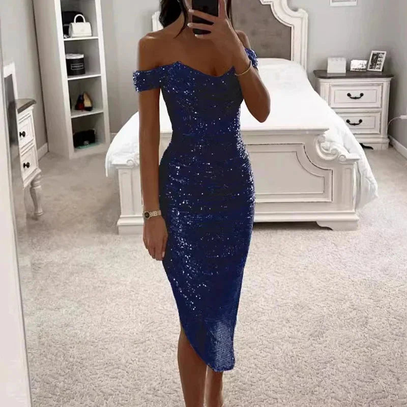 Sexy Asymmetrical Shinny Glitter Fold Long Dress Women Elegant Solid 2024 Winter Banquet Dresses One Shoulder Bodycon Party Robe - Uknowucme