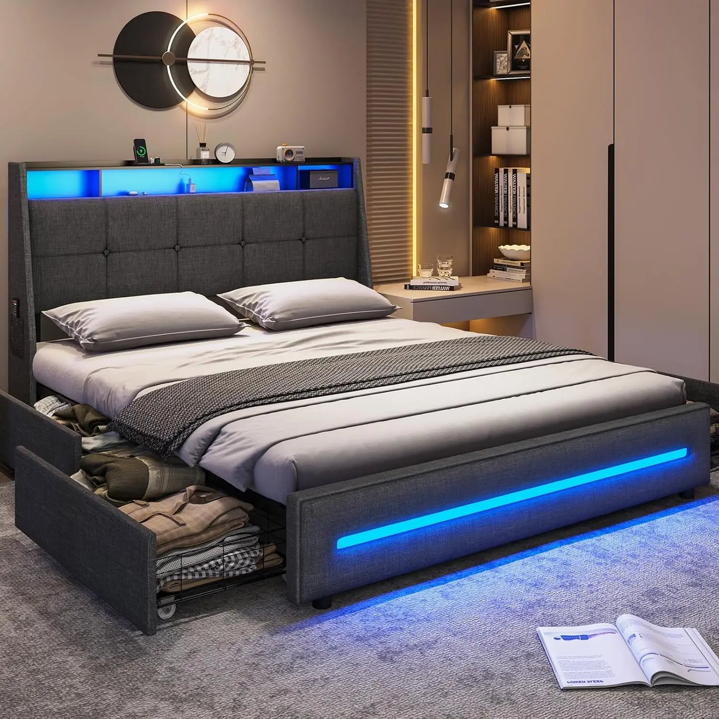 King Size Bed Frame w 4 Storage Drawers,Charging Station and LED Lights,Upholstered Bed Frame w Button Tufted Wingback Headboard - Uknowucme