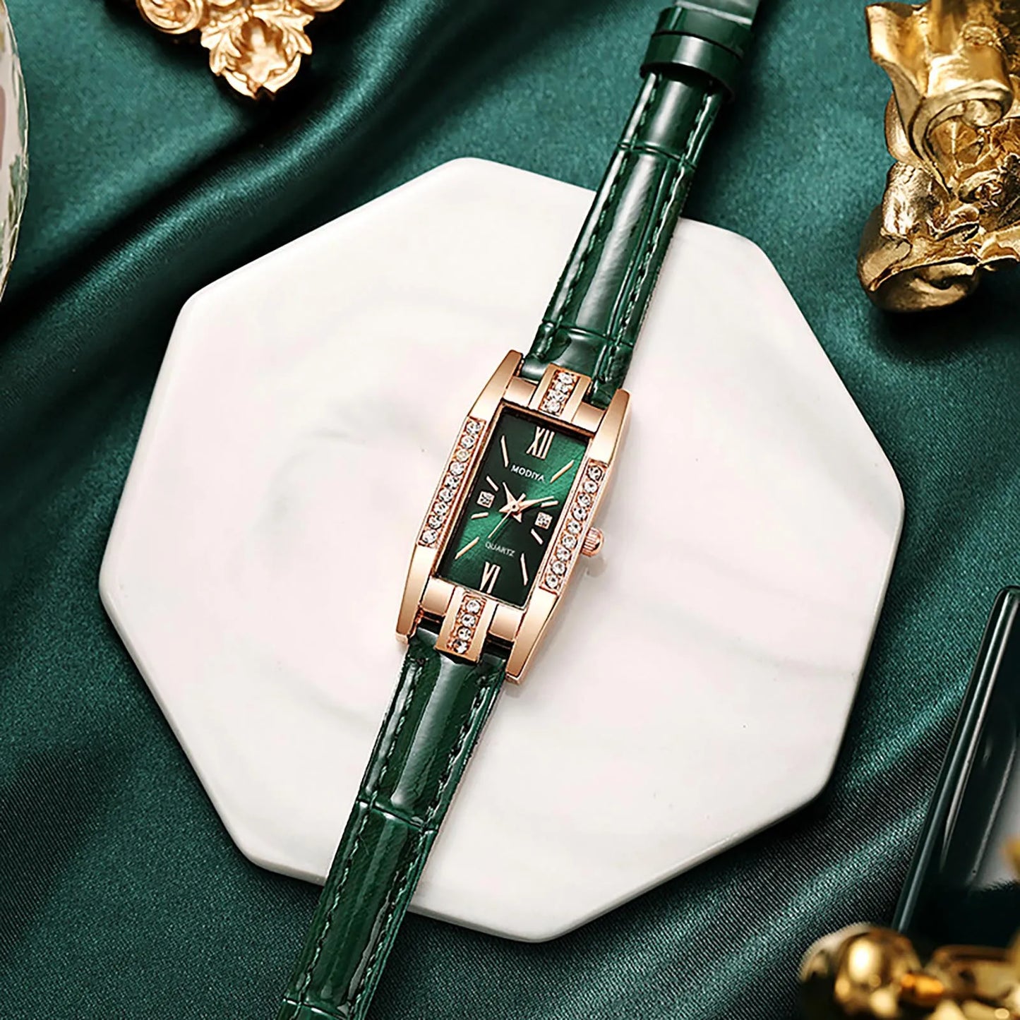 Womens Watches Fashion Square Ladies Quartz Watch Bracelet Set Green Dial Simple Leather Luxury Women Watches - Uknowucme
