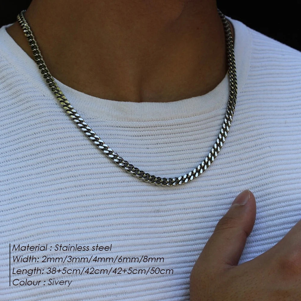 eManco Silver color 2MM/3MM/4MM/6MM/8MM Men's Cuban Link Chain Necklace Stainless Steel Women Trendy Punk Jewelry - Uknowucme