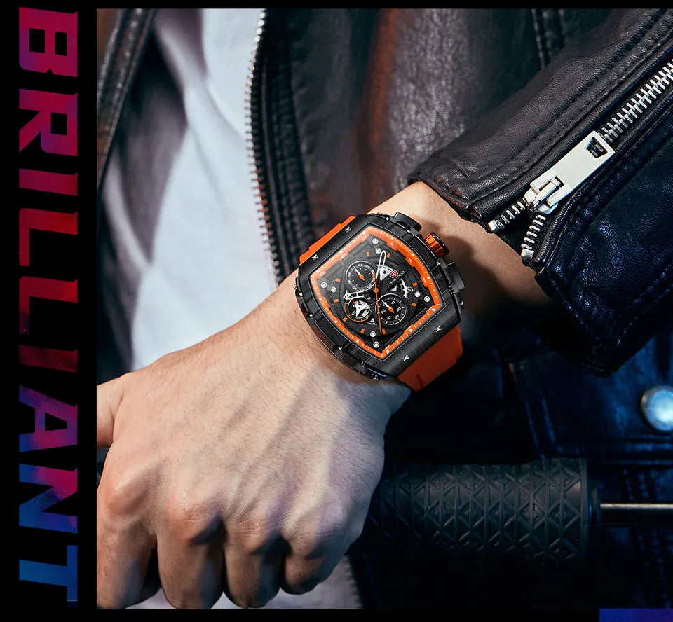 MINI FOCUS Chronograph Quartz Watch for Men Tonneau Dial Military Sport Wristwatch with Orange Silicone Strap Auto Date 0399 - Uknowucme
