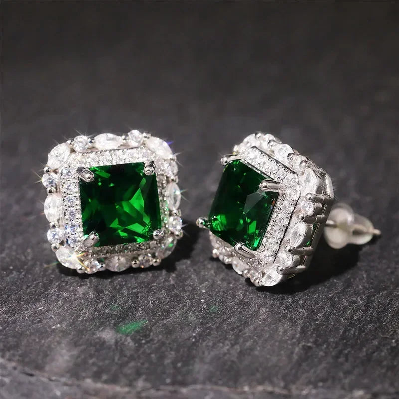 2025 Geometric Green CZ Sparkling Cubic Zirconia Earrings, Suitable for Women's Wedding Parties, Elegant Jewelry - Uknowucme