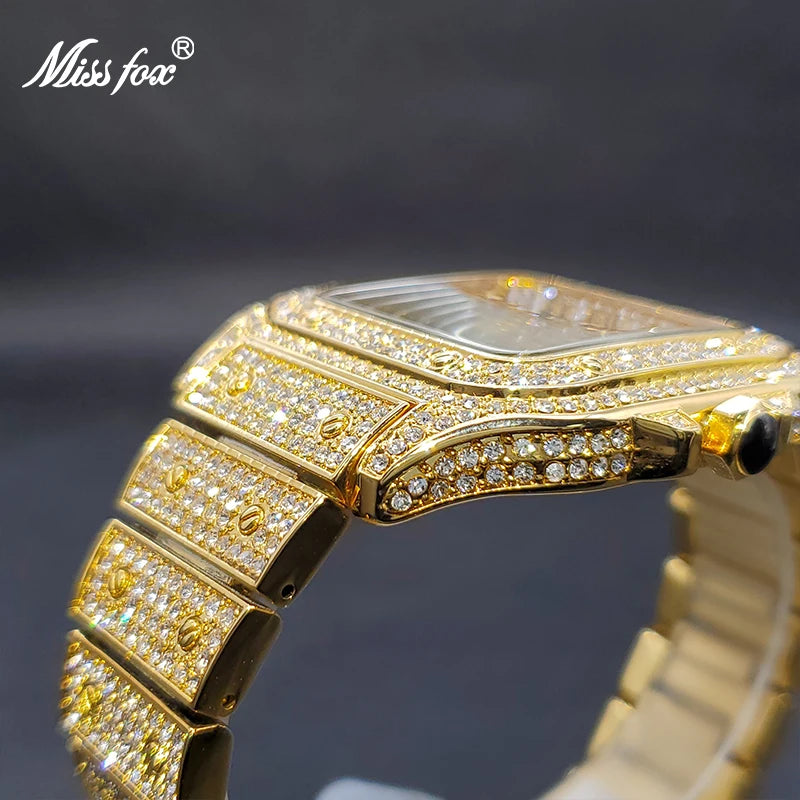 Ice Out Gold Watch For Men MISSFOX Street Style Hip Hop Waterproof Watches For Male Couple Wristwatches Jewelry Accessories - Uknowucme