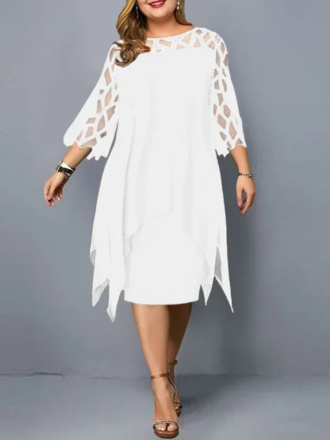 Sleeve Hollow Out Solid Sexy Women'S Clothing Evening Dresses 2023 Elegant Midi Party Dress For Chubby Women Xxl O Neck Lace - Uknowucme